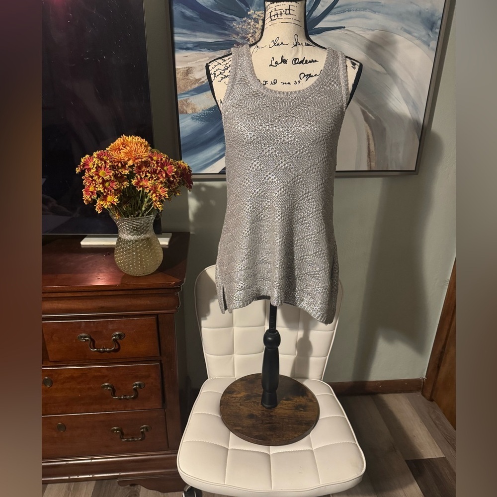 Moth Anthropologie silver gray metallic triangle knit trapeze tank sweater top M